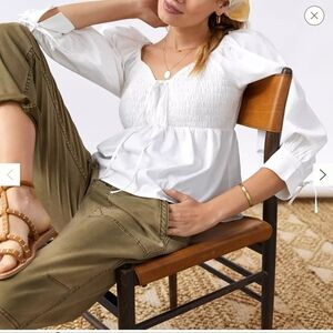 New Anthropologie White Smocked Peplum Blouse Tie Detail Small Sweetheart Neck